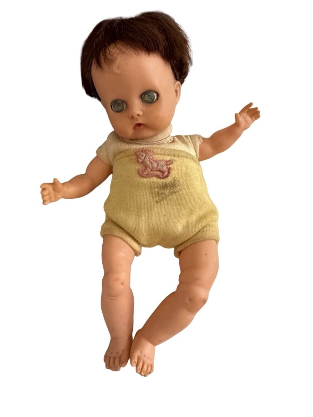 Vintage Vogue Doll Inc. Ginny Baby Doll 9” Sleep Eyes Brown Hair Yellow Romper